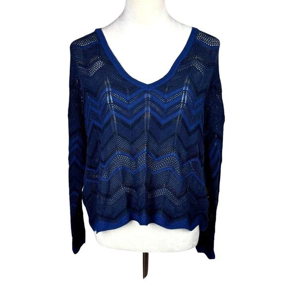 An'ge NWT Navy Blue OS Chevron Open Knit V-neck Crop Thin Sweater Top - Picture 1 of 12